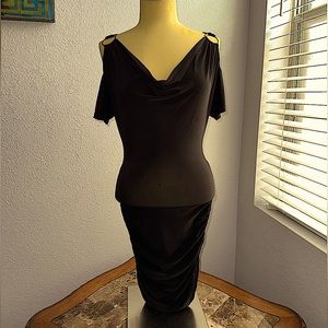 Black Silky Dress with Golden Shoulder Accents